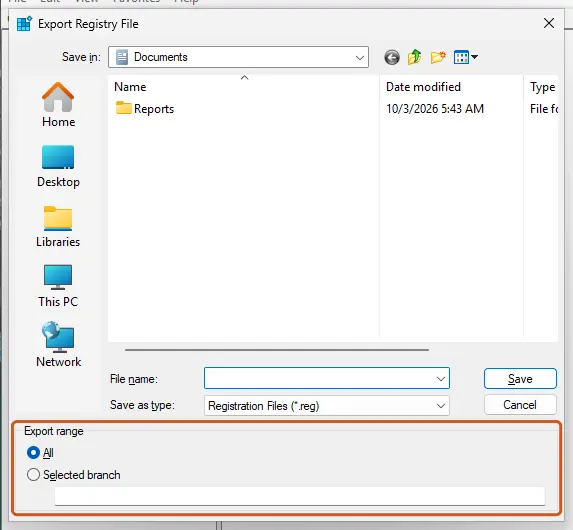 Export Registry File dialog with the Export range options