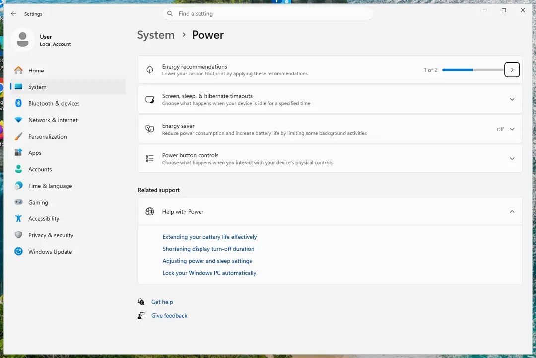 Settings, System, Power page