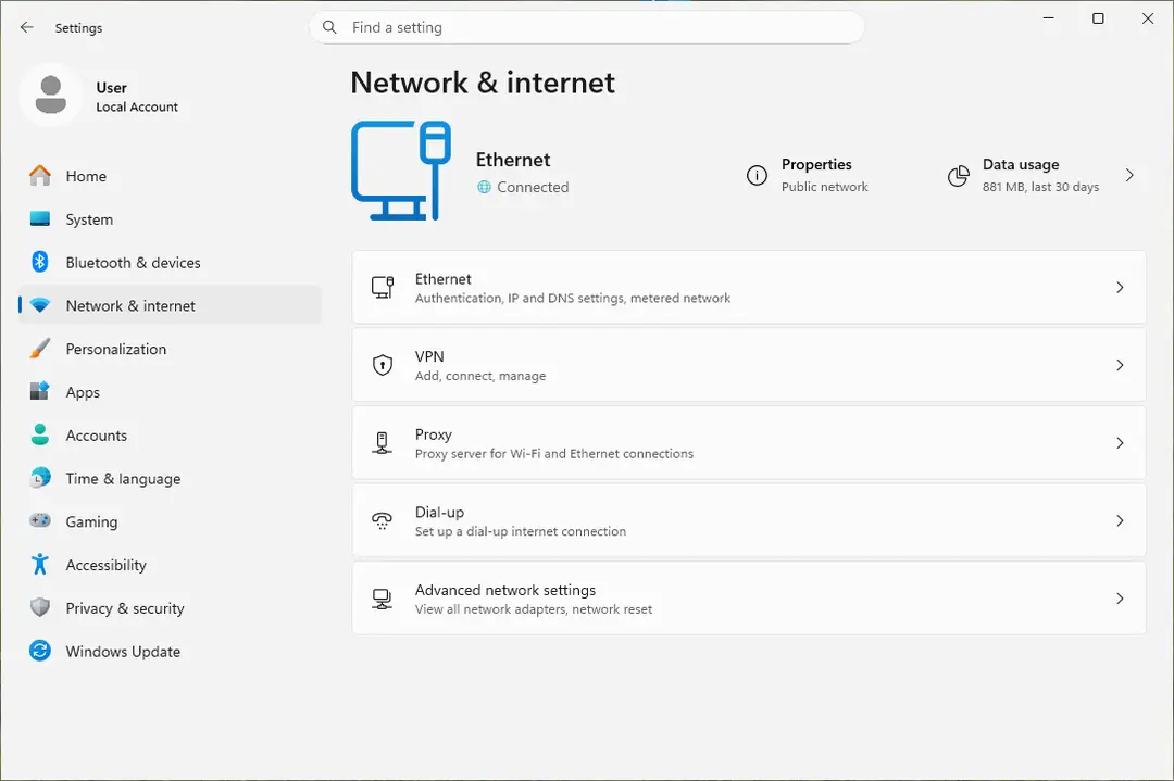 Settings, Network & internet showing Ethernet as Connected with Properties and Data usage