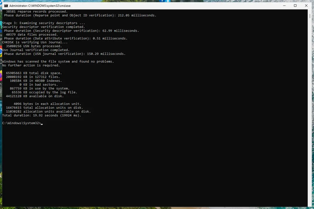 chkdsk report ending with Windows has scanned the file system and found no problems