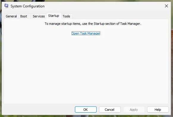 System Configuration, Startup tab with the Open Task Manager link