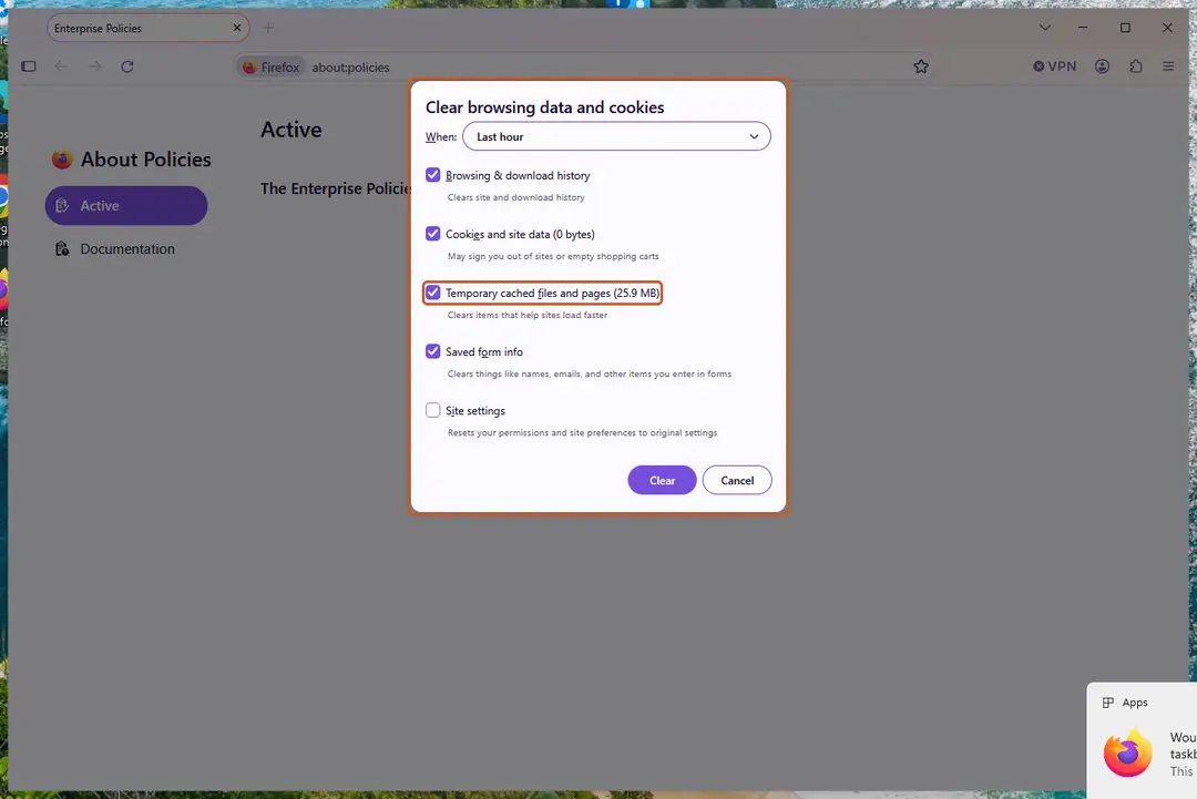 Firefox Clear browsing data and cookies dialog with Temporary cached files and pages checked