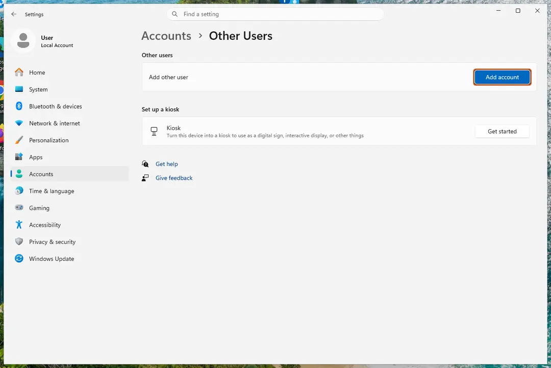 Settings, Accounts, Other Users with the Add account button