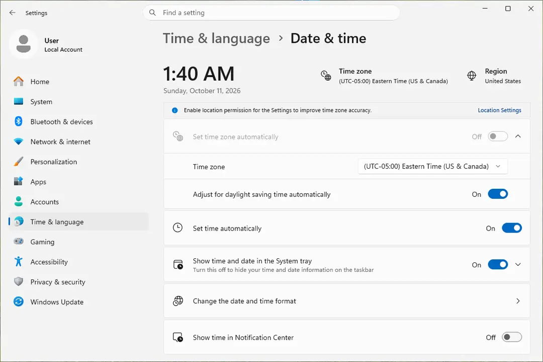 Settings, Time & language, Date & time with the time zone and the Set time automatically switch