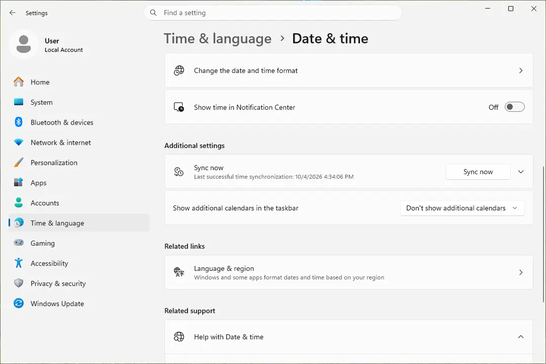 Date & time page, Additional settings with the Sync now button and the last successful synchronization