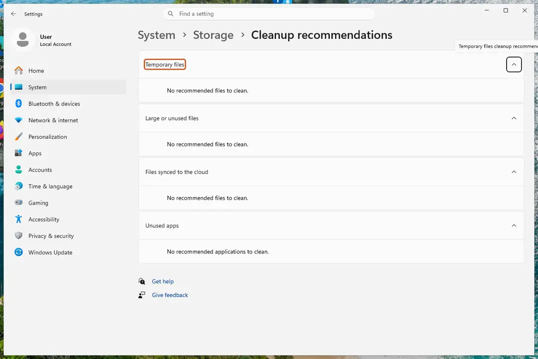 Cleanup recommendations page with four groups