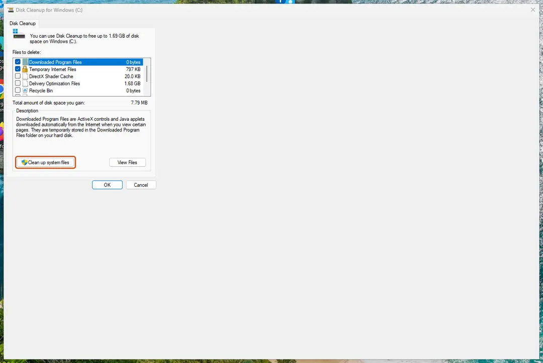 Disk Cleanup for Windows (C:) with the Clean up system files button