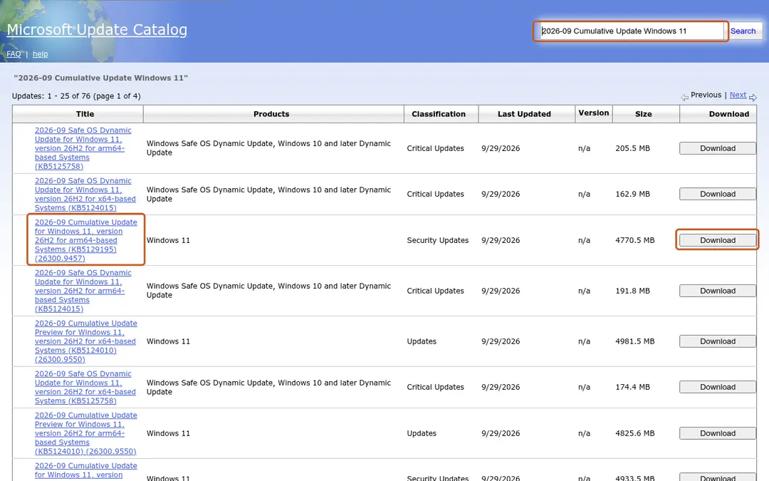 Microsoft Update Catalog search results listing the same update for arm64-based and x64-based systems with Download buttons
