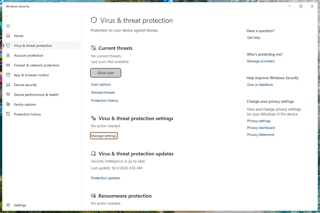 Windows Security, Virus & threat protection, Manage settings link