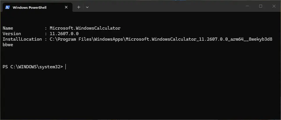 PowerShell showing Name, Version and InstallLocation of the Calculator package