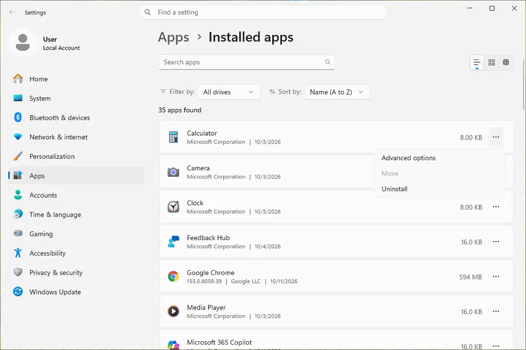 Settings, Apps, Installed apps with the three dots menu of an app open: Advanced options, Move, Uninstall