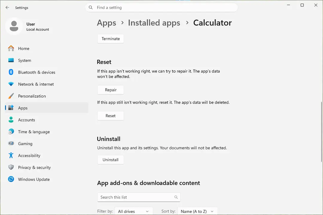 Advanced options of an app with the Terminate, Repair, Reset and Uninstall buttons