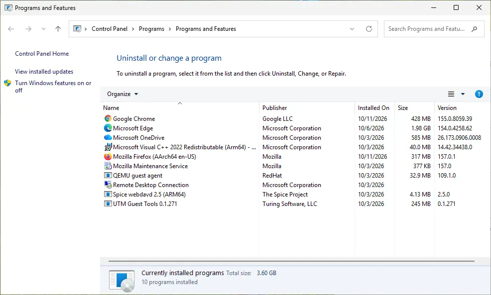 Programs and Features list with a Microsoft Visual C++ 2022 Redistributable entry