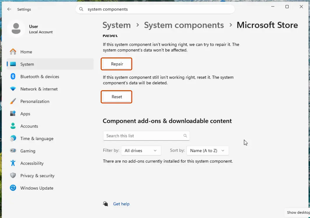 Repair and Reset buttons on the Microsoft Store advanced options page