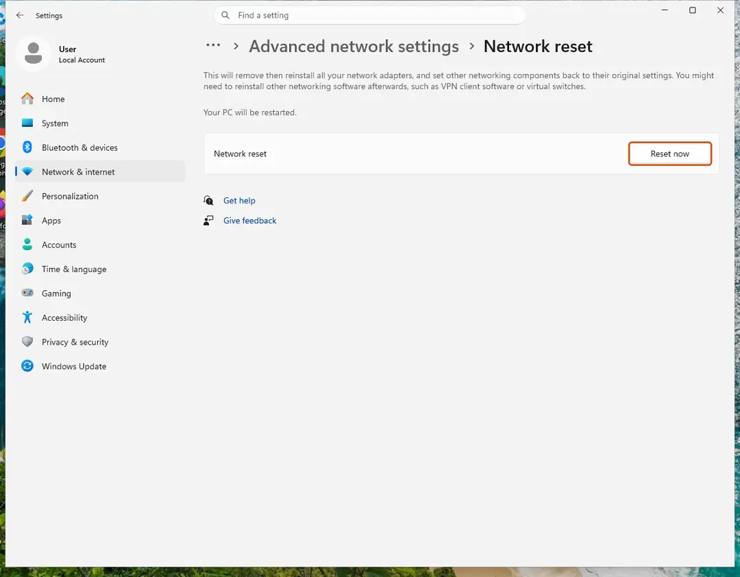 Network reset page with the Reset now button
