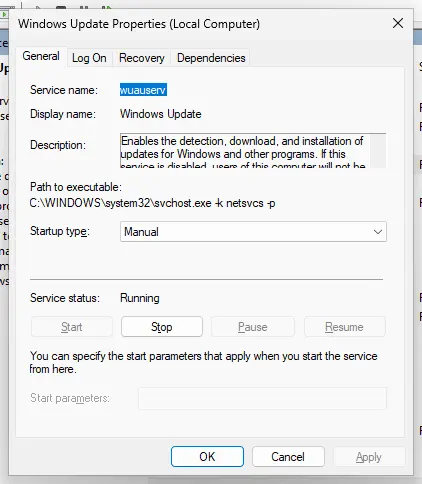 Windows Update Properties, General tab: service name wuauserv, startup type Manual, status Running