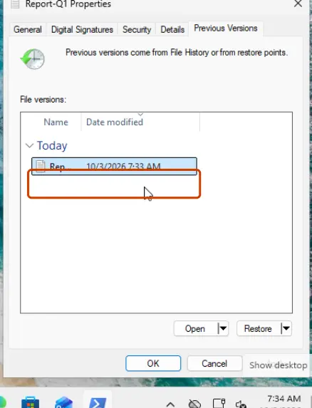 The Previous Versions tab lists the saved copies