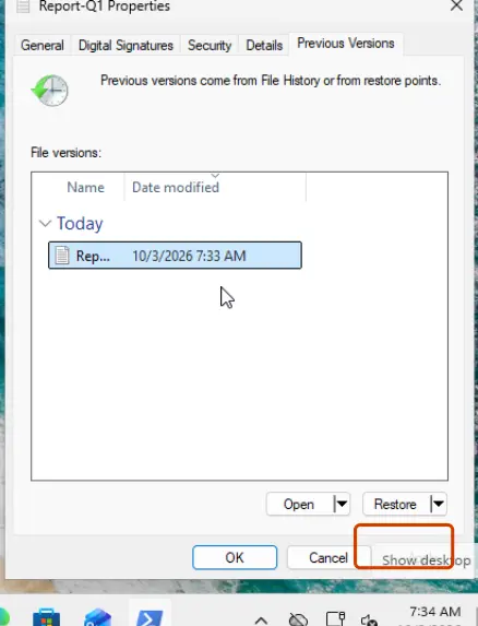 Restore, or the arrow next to it for Restore to