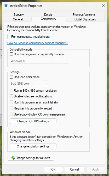 Properties window of a program on the Compatibility tab: compatibility mode, Run this program as an administrator and the troubleshooter button
