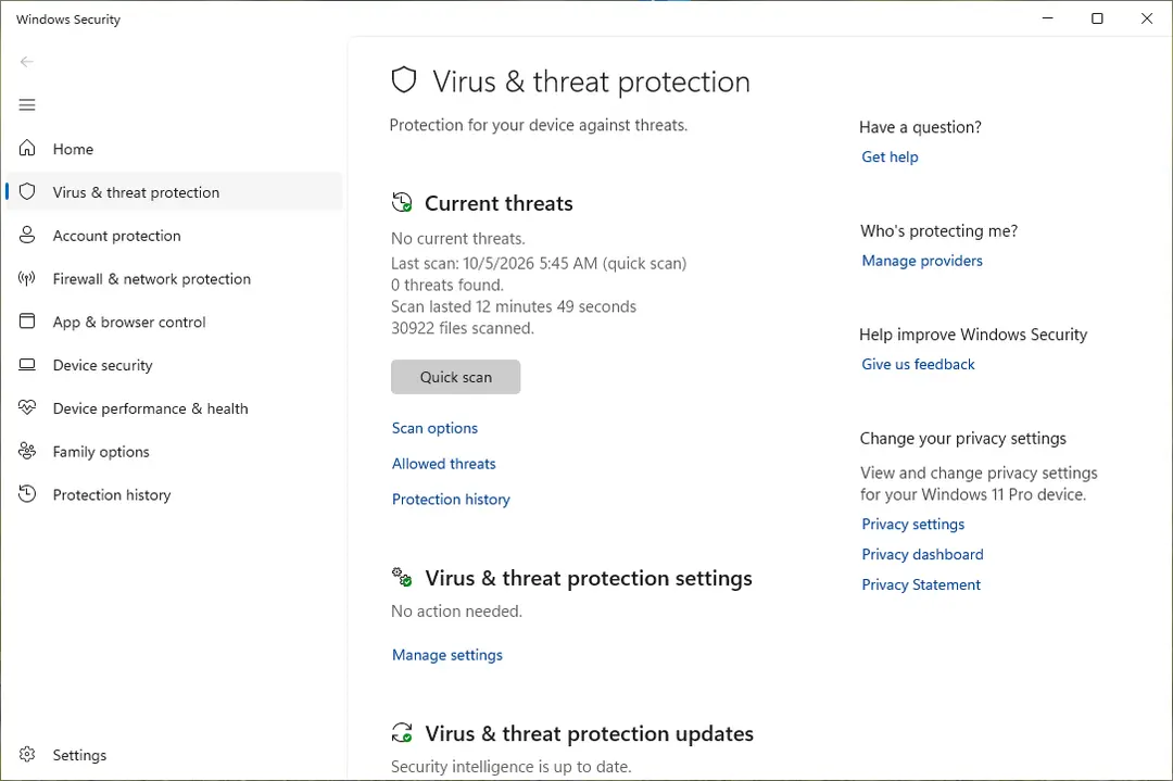 Windows Security, Virus & threat protection page with the Quick scan button and the Scan options link