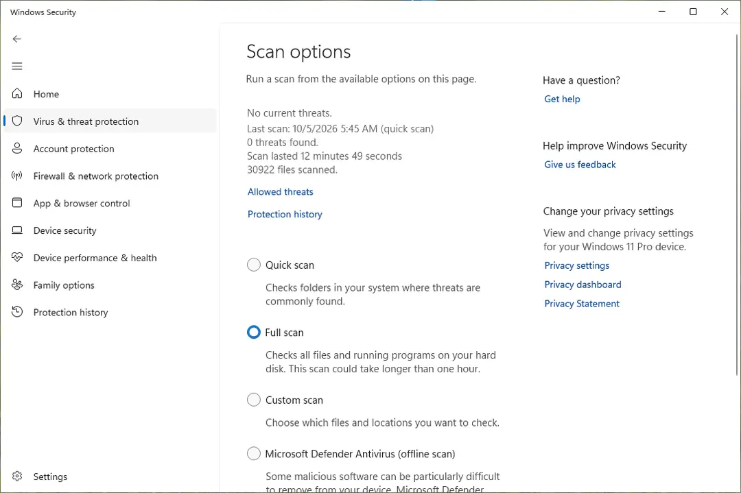 Scan options page with Full scan selected above Custom scan and the offline scan