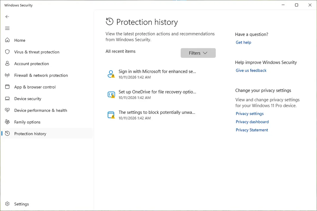 Protection history page with the Filters button and the list of recent items