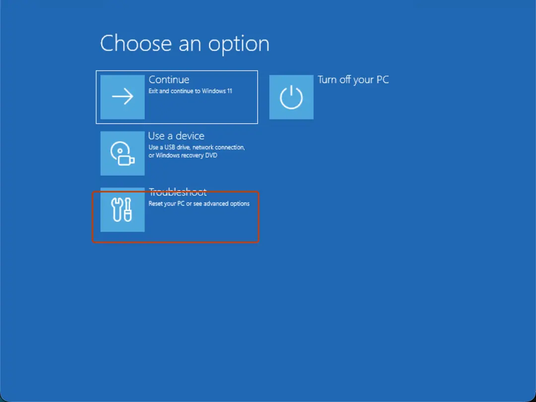 Choose an option: Troubleshoot