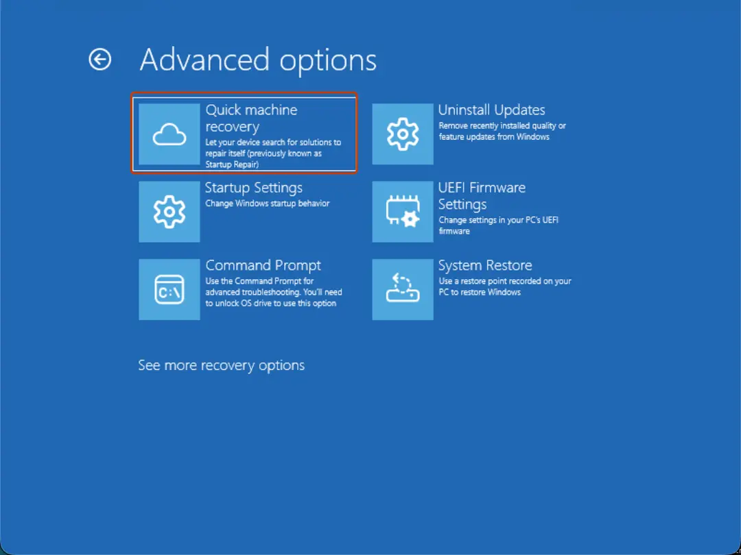 Advanced options with Quick machine recovery, previously known as Startup Repair