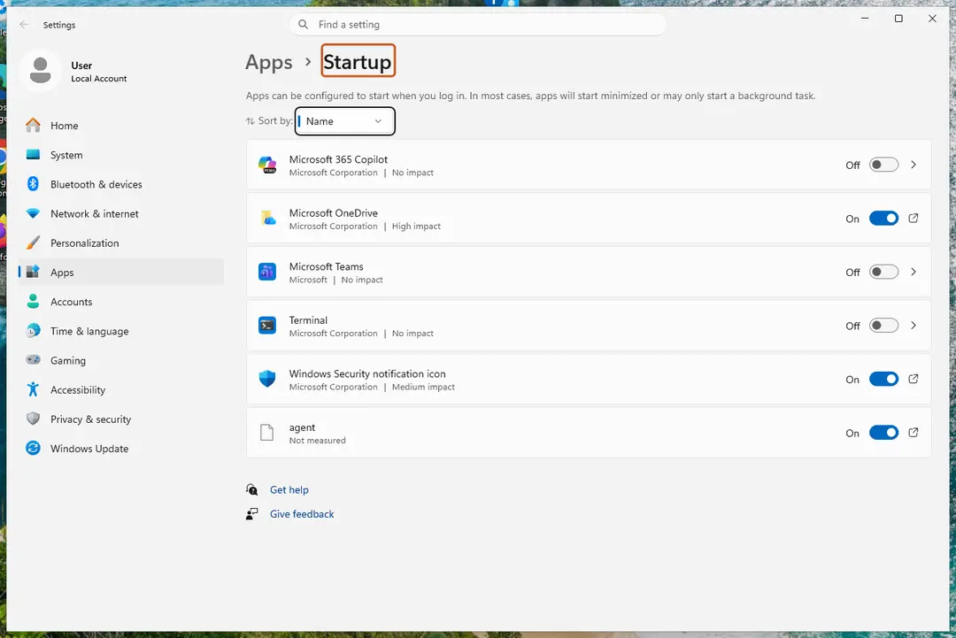Settings, Apps, Startup with the list of startup apps and their On/Off switches