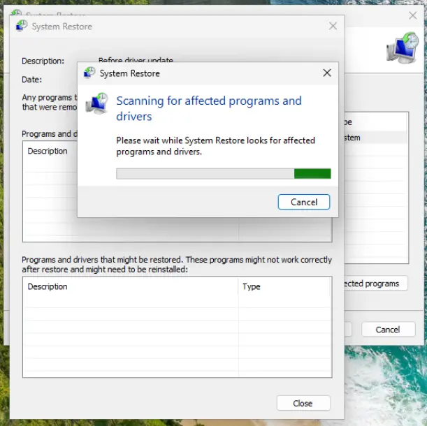 Scanning for affected programs and drivers