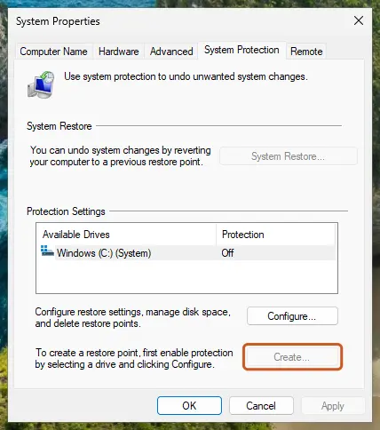 System Properties, System Protection tab, protection Off and Create unavailable