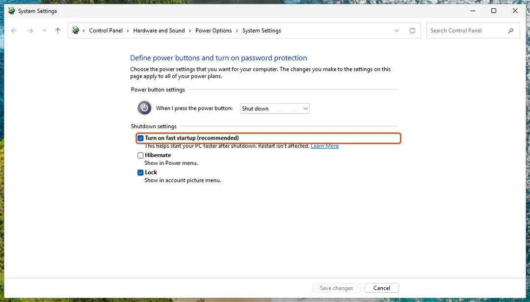 Shutdown settings with Turn on fast startup (recommended)