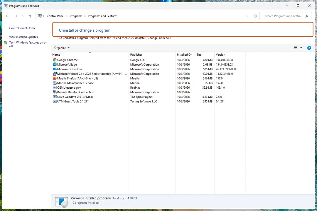 Control Panel, Programs and Features