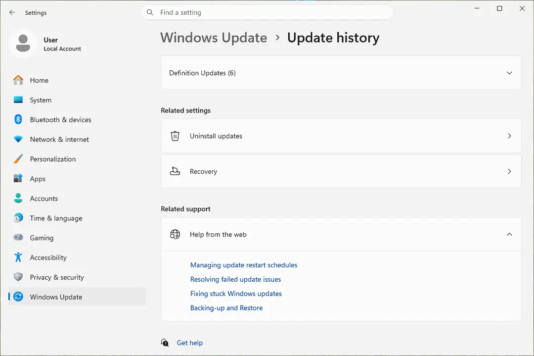 Windows Update, Update history page with Uninstall updates under Related settings