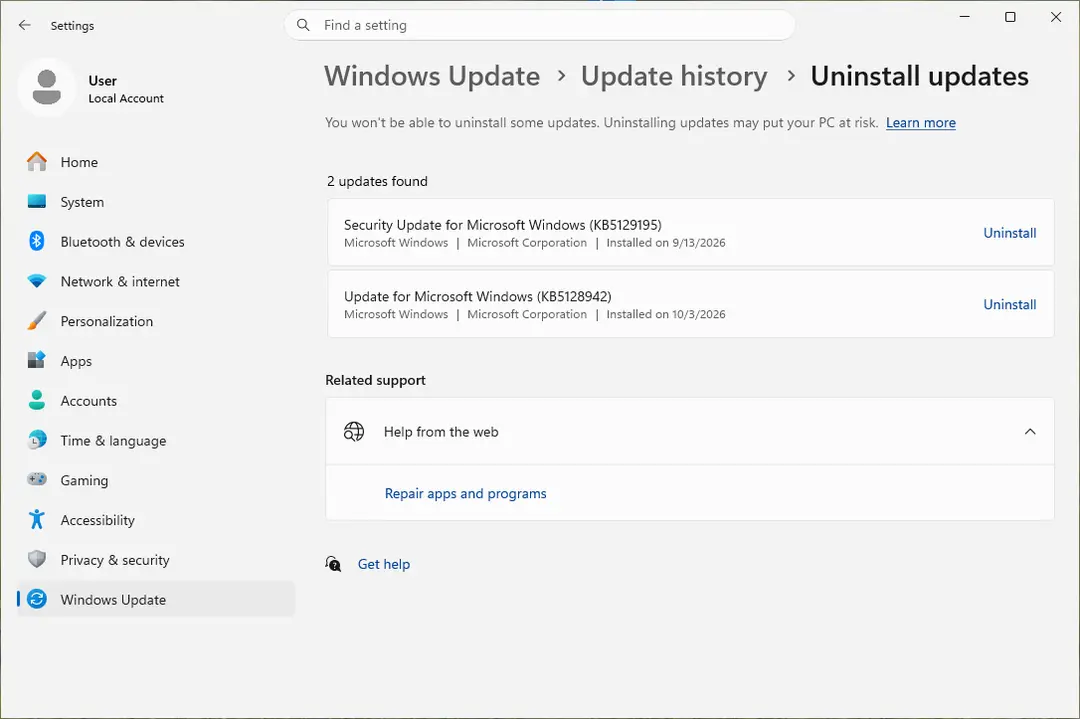 Uninstall updates page listing two updates by KB number, each with an Uninstall link