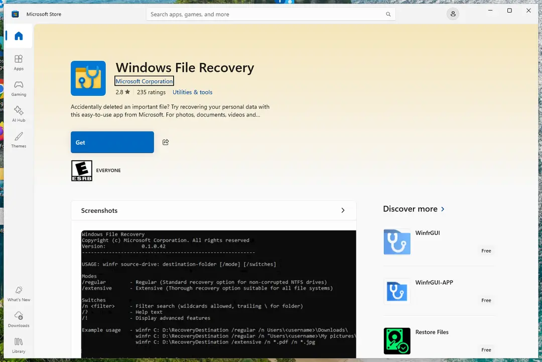 Windows File Recovery by Microsoft Corporation in the Microsoft Store
