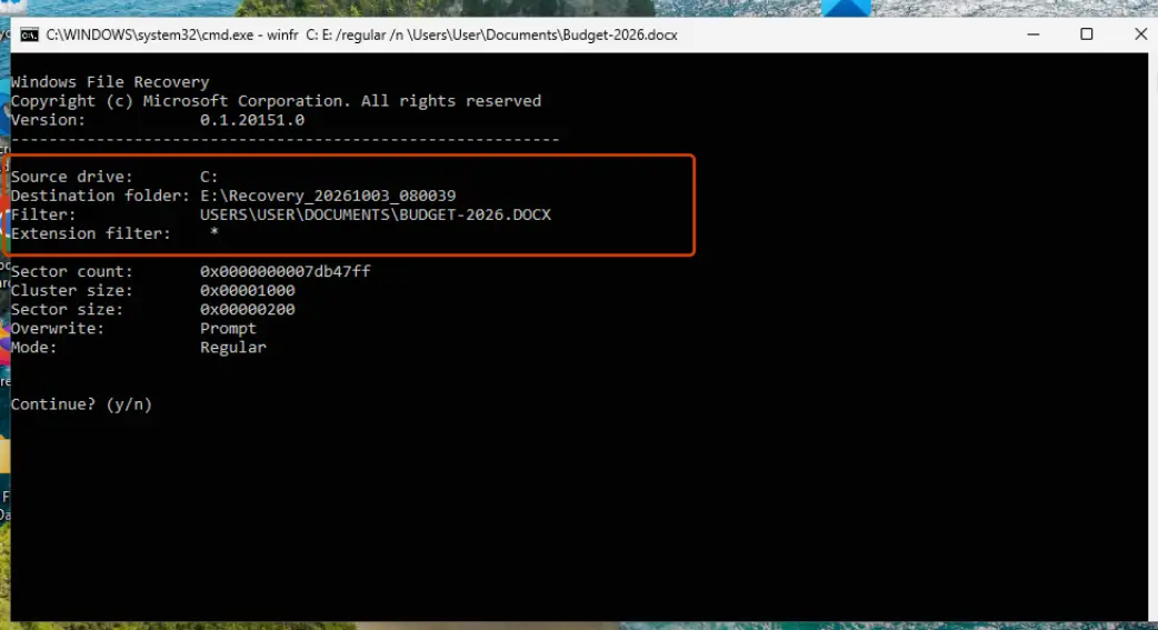 winfr summary of source drive, destination folder and filter before it starts