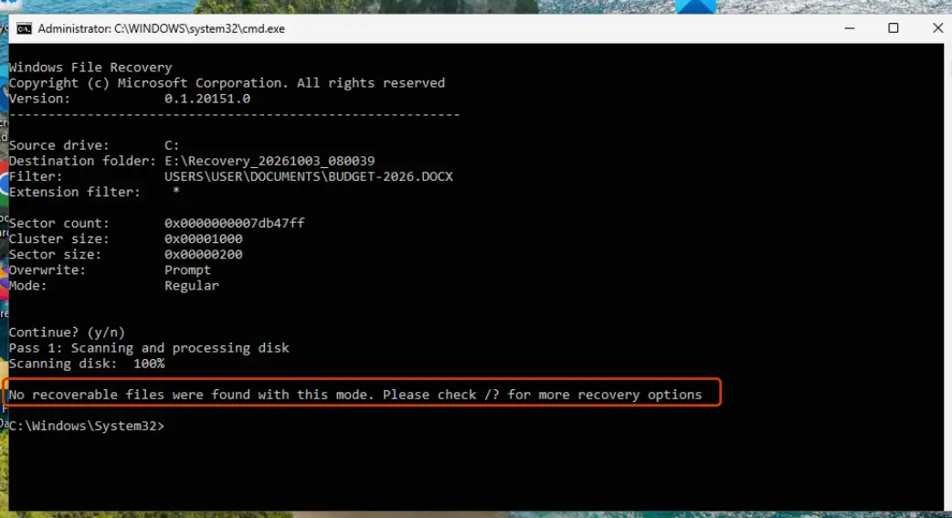 winfr reporting that no recoverable files were found in regular mode