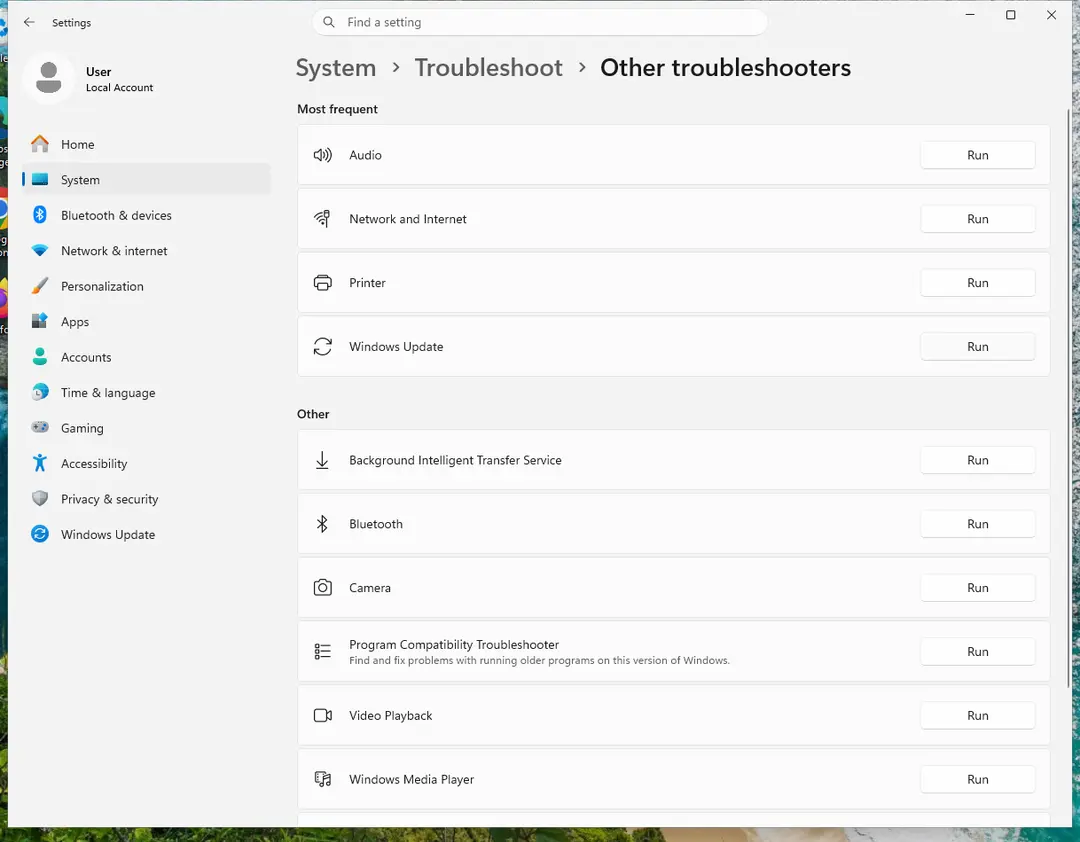 Other troubleshooters list with Windows Update under Most frequent