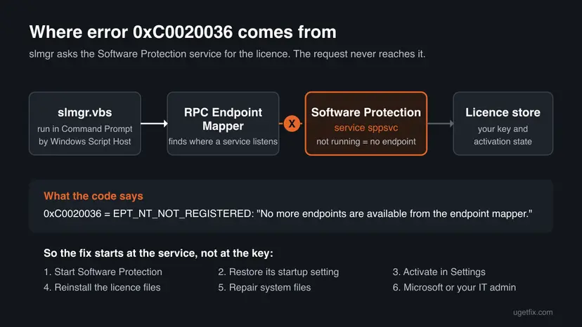 Diagram of error 0xC0020036: slmgr.vbs calls the RPC Endpoint Mapper, the link to the Software Protection service sppsvc is broken, so the licence store is never reached