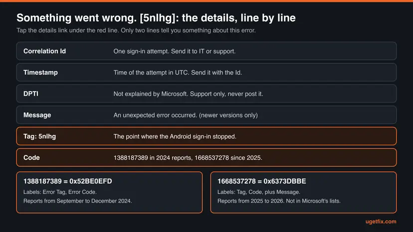 Chart of the troubleshooting details under the 5nlhg error: Correlation Id, Timestamp, DPTI, Message, Tag 5nlhg and Code, with the two codes 1388187389 and 1668537278 converted to hexadecimal