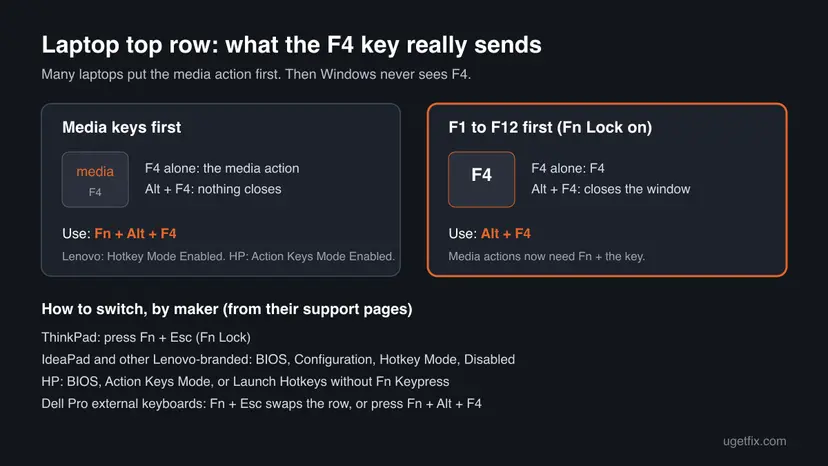 Comparison of the two laptop top-row modes: media keys first, where Fn plus Alt plus F4 is needed, and F1 to F12 first with Fn Lock on, where Alt plus F4 works alone, with the switch for Lenovo, HP and Dell