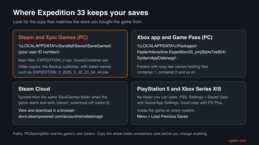 Map of Expedition 33 save locations: Steam and Epic SaveGames folder with Backup, Game Pass wgs folder, Steam Cloud page and PS5 saved data