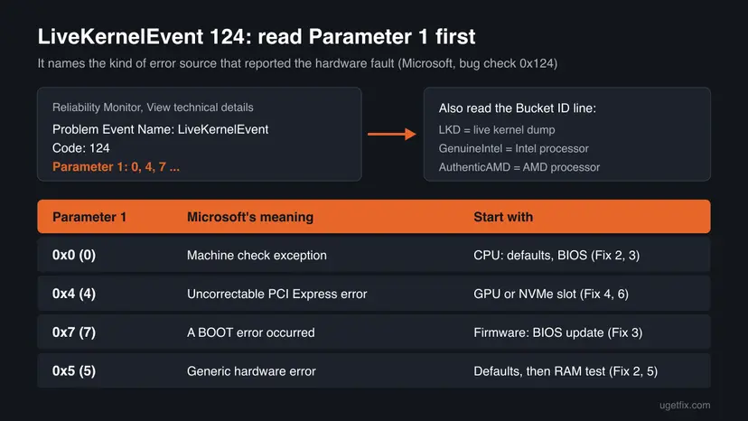Table that decodes Parameter 1 of LiveKernelEvent 124: 0 machine check exception, 4 uncorrectable PCI Express error, 7 boot error, 5 generic hardware error, with the fix to start with for each