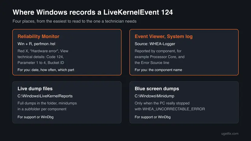 Map of where Windows records LiveKernelEvent 124: Reliability Monitor via perfmon /rel, Event Viewer System log with WHEA-Logger, the LiveKernelReports folder and the Minidump folder