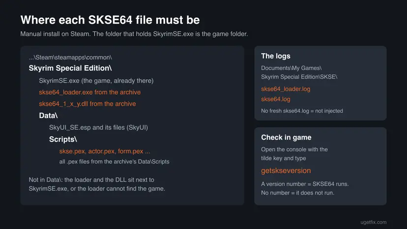 Folder map of a Steam Skyrim Special Edition install with skse64_loader.exe and the SKSE64 DLL next to SkyrimSE.exe, the pex scripts in Data Scripts and the log folder in Documents