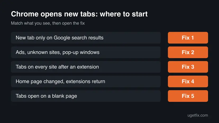 Chart of five ways Chrome opens new tabs, such as only on Google search results, with ads, on every site or on a blank page, each pointing to the fix number to start with