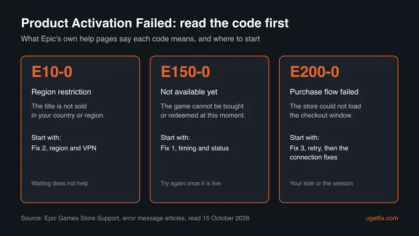 Three cards for the Epic Games Store codes E10-0 region restriction, E150-0 not available yet and E200-0 purchase flow failed, each with the fix to start with