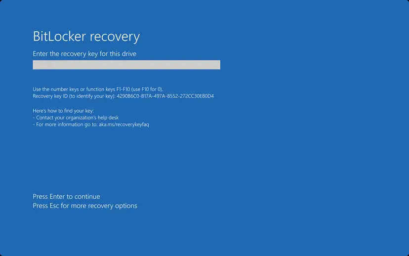 BitLocker recovery screen asking to enter the recovery key for this drive, with a Recovery key ID