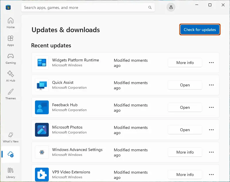 Microsoft Store Updates and downloads page with the Check for updates button highlighted